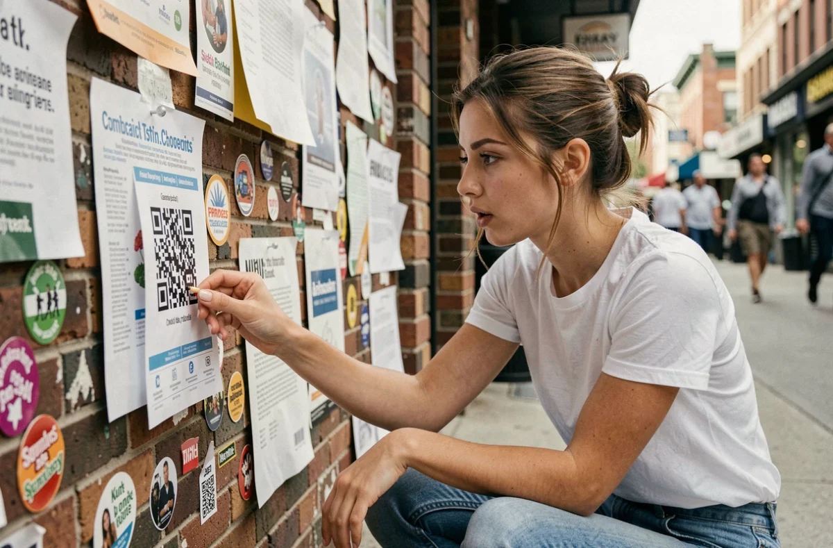 Jeune femme scannant un QR code sur une affiche dans un environnement urbain avec mur de briques et passants floutés