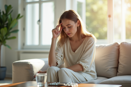 Jeune femme souffrant de migraine dans un salon lumineux