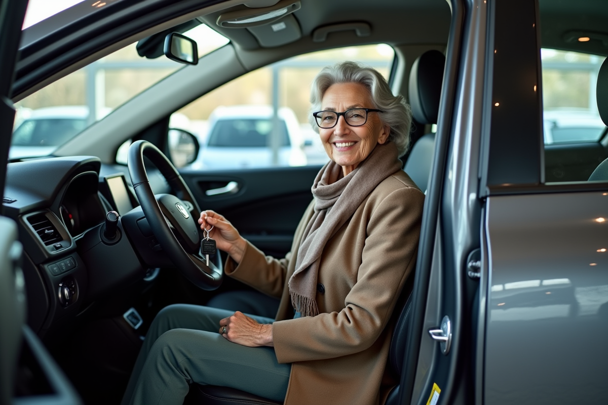 Femme souriante avec clés dans un quadricycle en showroom