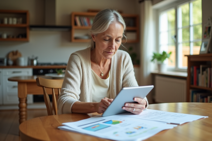 Femme d'âge moyen utilisant une tablette pour documents immobiliers