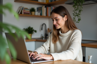 Jeune femme concentrée travaillant sur un ordinateur portable dans une cuisine chaleureuse