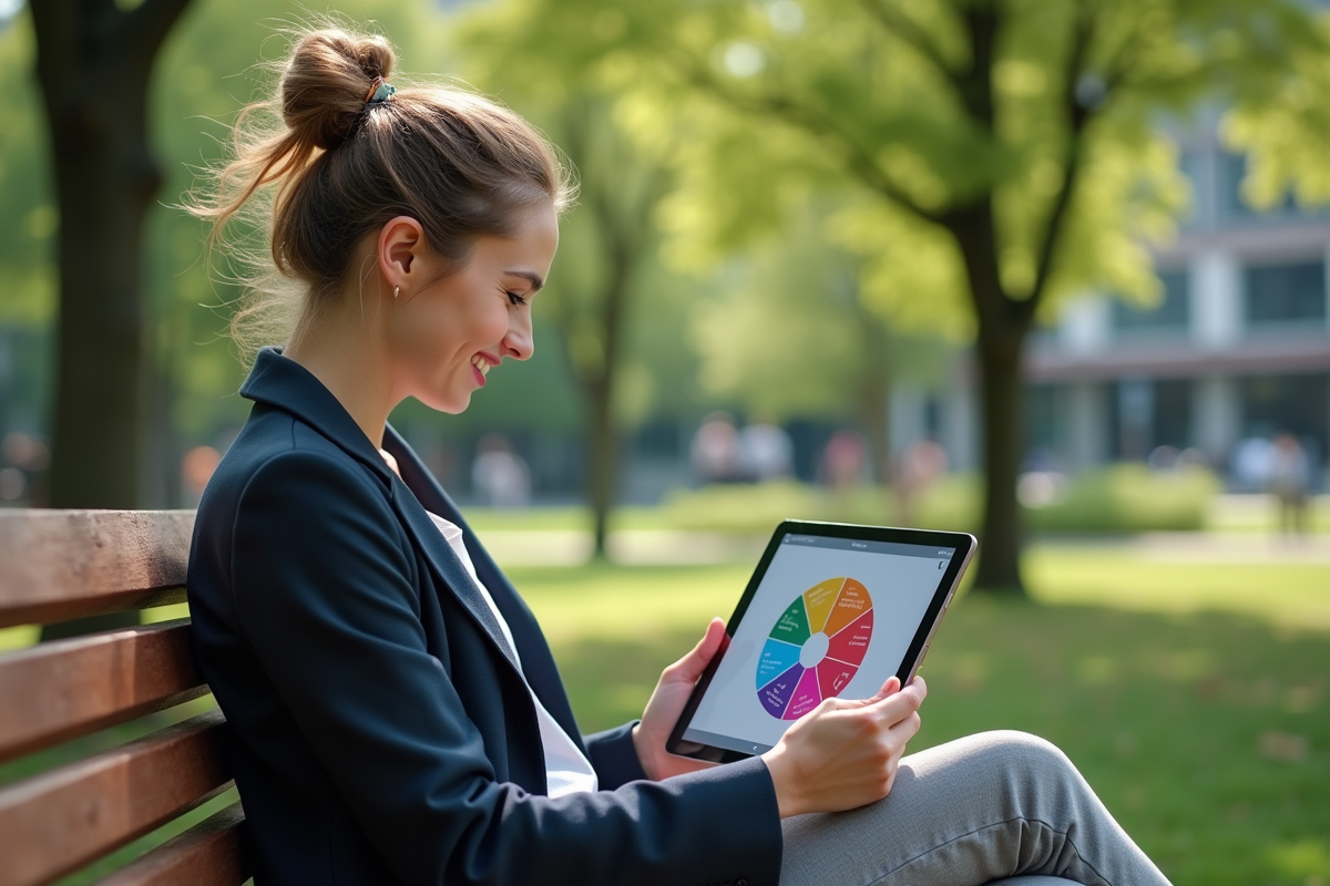 Jeune femme travaillant sur une tablette en plein air dans un parc urbain