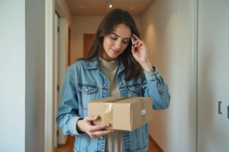 Femme vérifiant un colis dans son appartement moderne