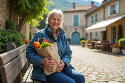 Femme souriante avec sac de courses dans un village rural