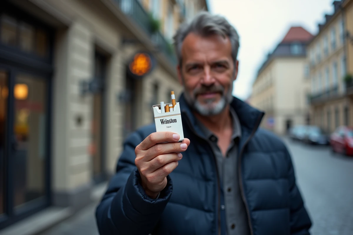 Homme tenant un paquet de cigarettes Winston dans une rue pavée au Luxembourg