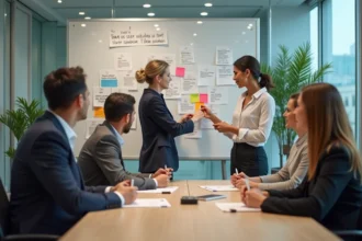 Collaborateurs échangeant dans un environnement de travail positif et convivial