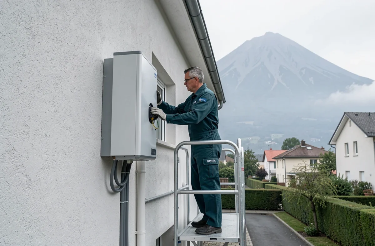 Technicien de Gooze Energies installant une pompe à chaleur sur une maison basse énergie avec le Puy de Dôme en arrière-plan