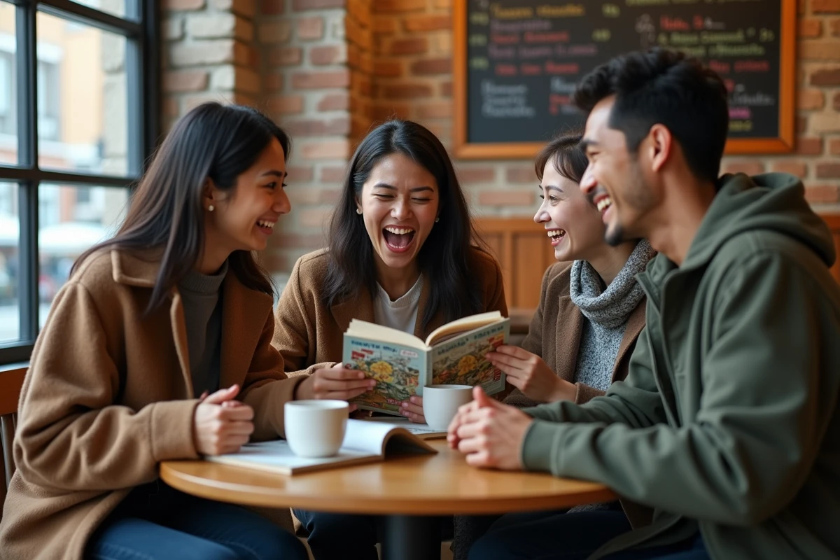 Groupe d'amis dans un café discutant autour d'un manga ouvert sur la table avec des expressions animées