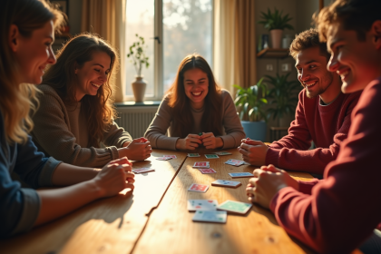Groupe d'amis jouant aux cartes dans un salon chaleureux