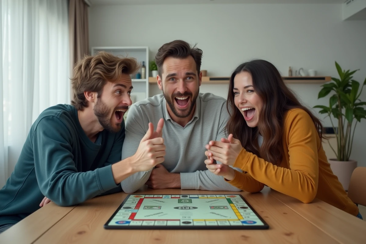 Groupe d'amis adultes jouant ensemble à Monopoly gratuit en ligne autour d'un ordinateur