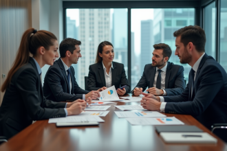 Groupe de professionnels en réunion de travail en bureau moderne