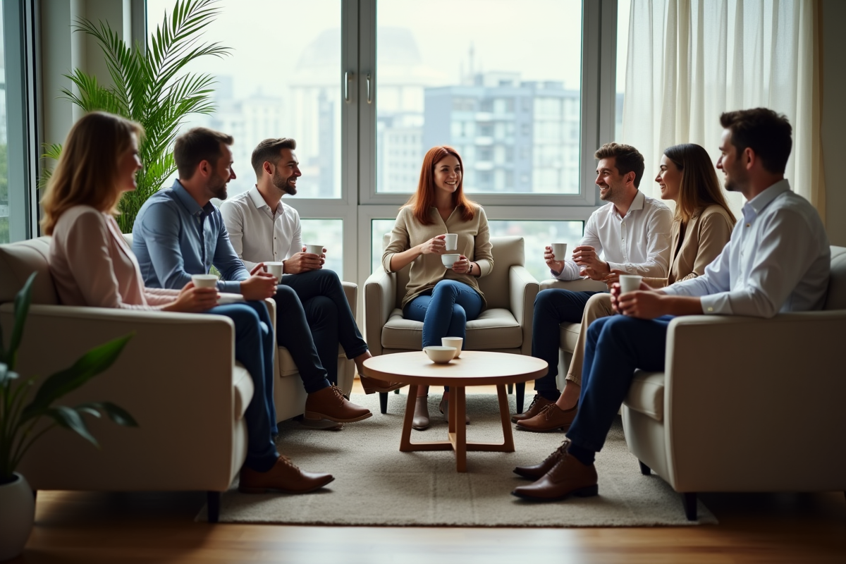 Groupe diversifié en discussion dans un lounge lumineux