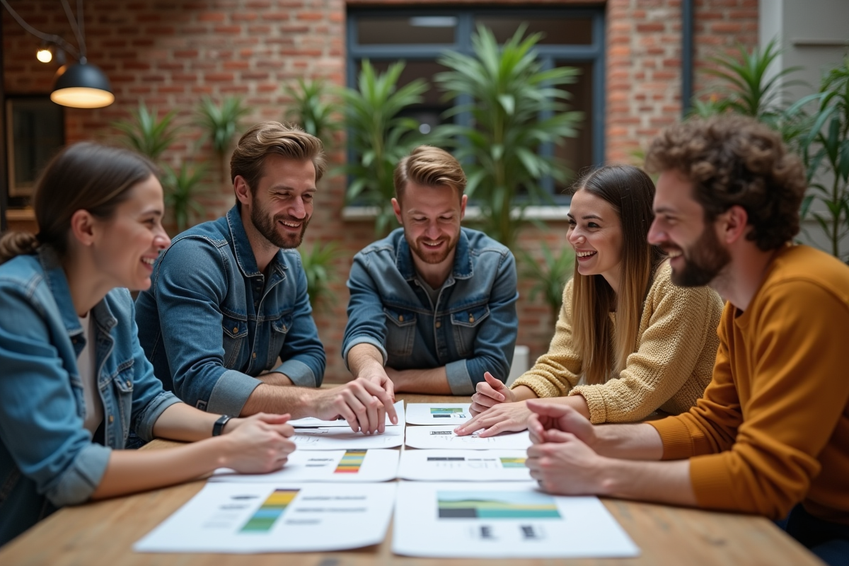 Groupe de personnes discutant autour d'une table en loft moderne