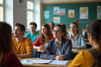 Groupe de jeunes attentifs en classe moderne lumineuse
