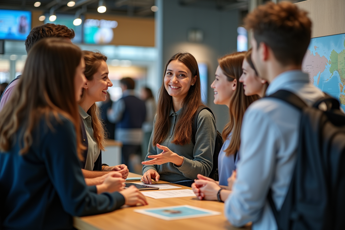 Étudiant guidant touristes au bureau d information