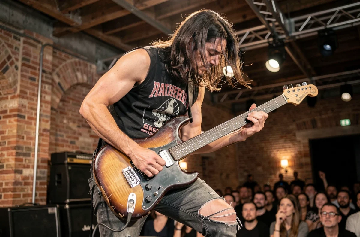 Guitariste de métal sur scène dans une salle de concert intérieure à Lyon