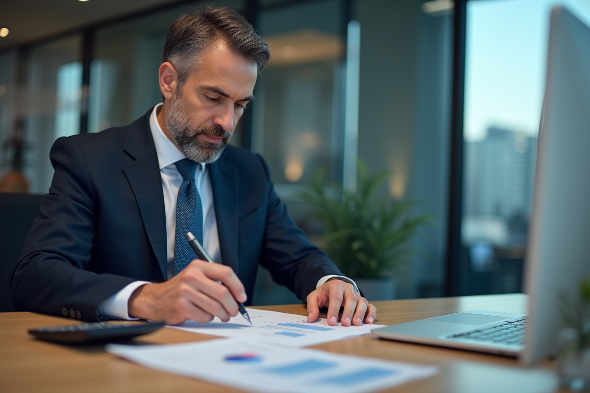 Homme d'affaires en costume analysant des documents financiers