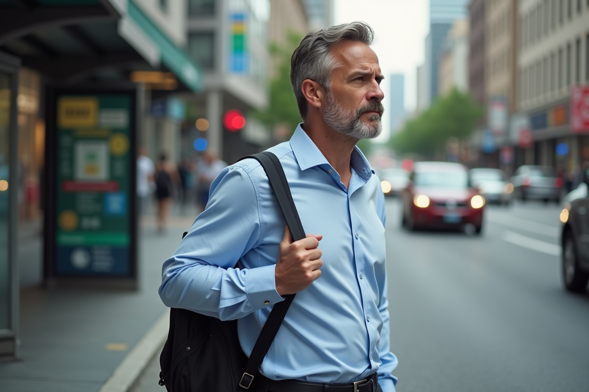 Homme anxieux au arrêt de bus en ville