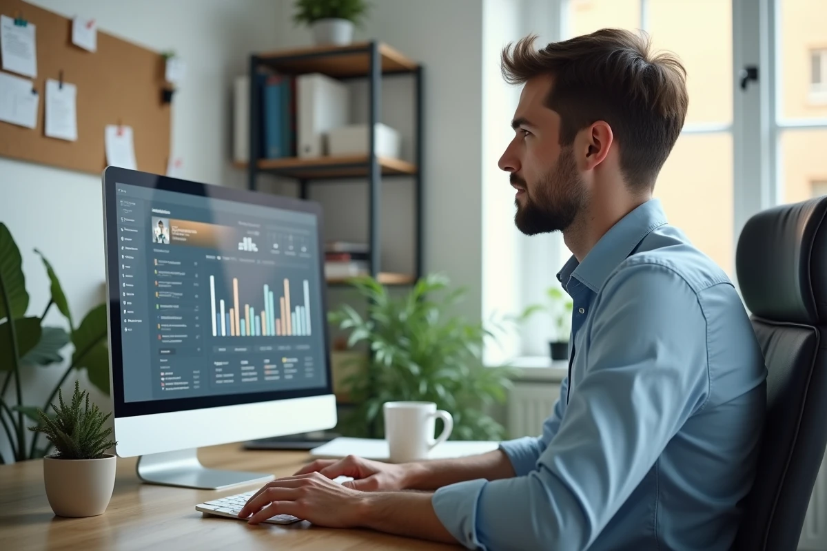 Homme en bureau interactif avec écran d