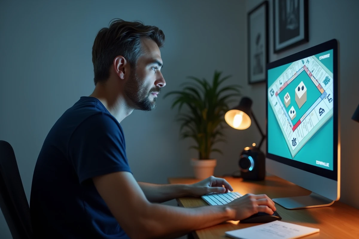 Homme adulte concentré sur une partie de Monopoly gratuit en ligne dans son bureau à domicile