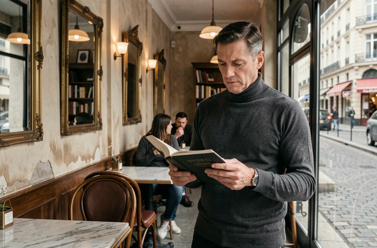 Homme élégant feuilletant un livre dans un café littéraire parisien aux décors vintage