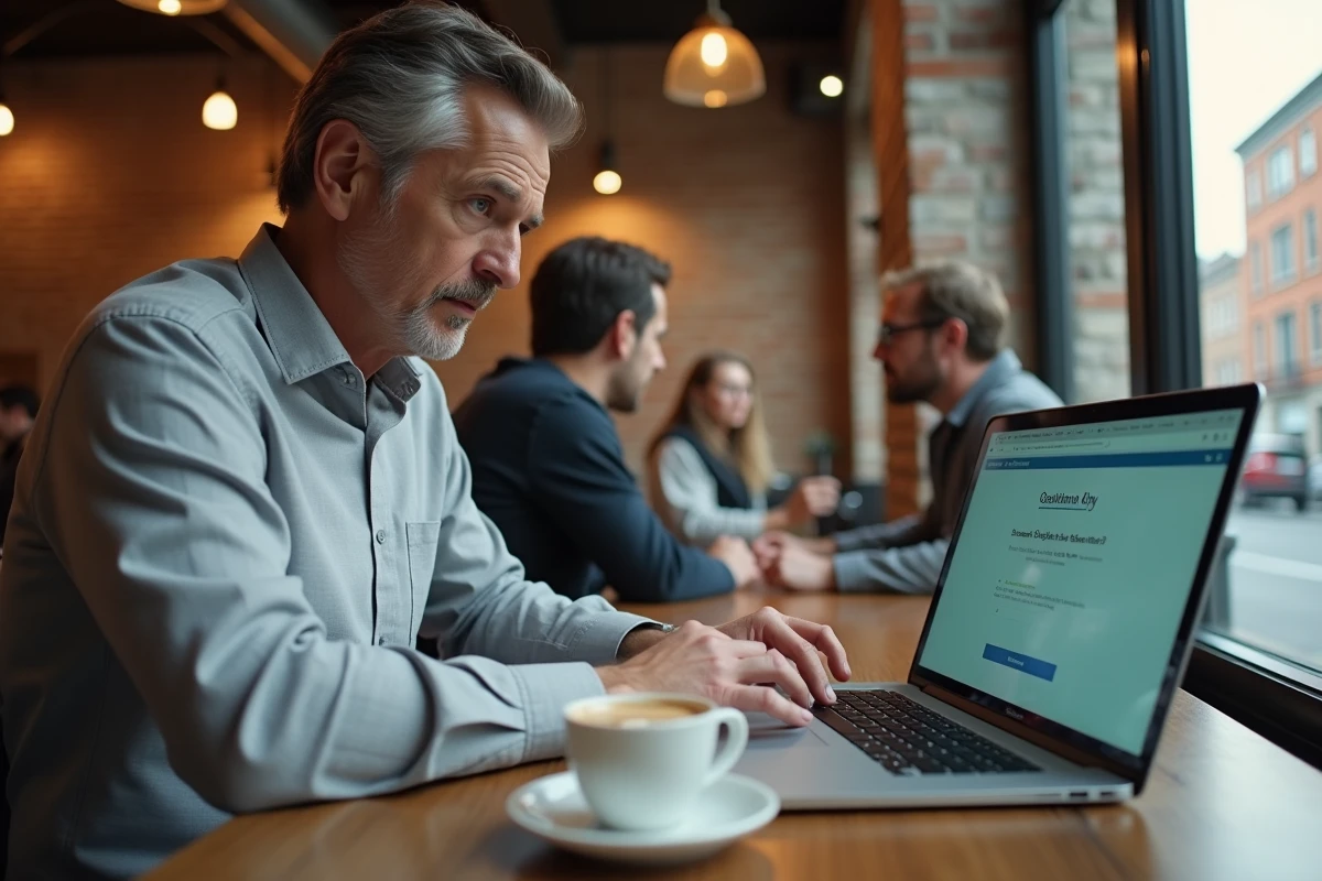 Homme utilisant un ordinateur portable dans un café pour répondre rapidement à une question sur une capitale commençant par G