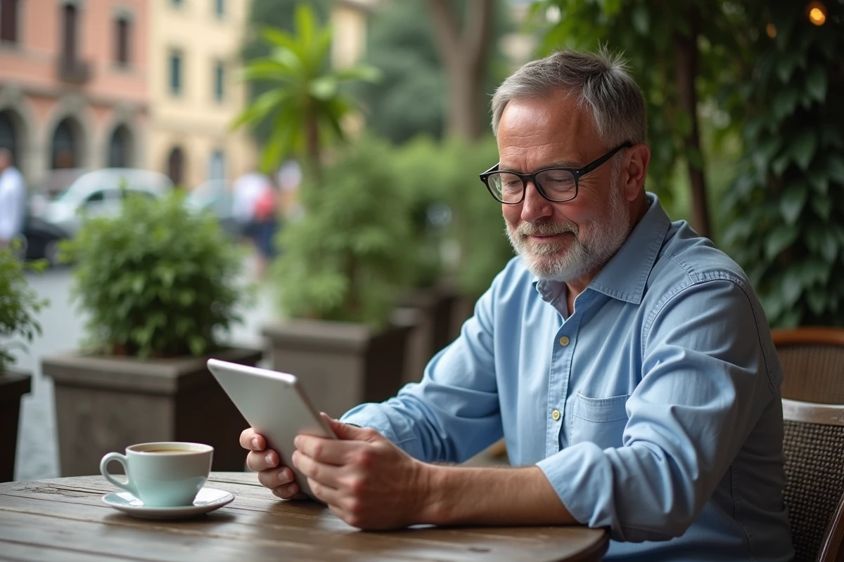 Homme concentré remplissant un quiz sur une tablette en extérieur