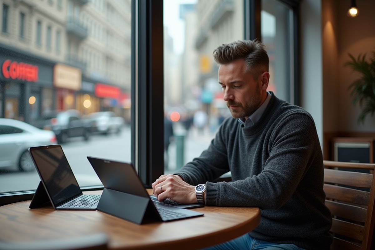 Homme au café comparant deux tablettes Windows