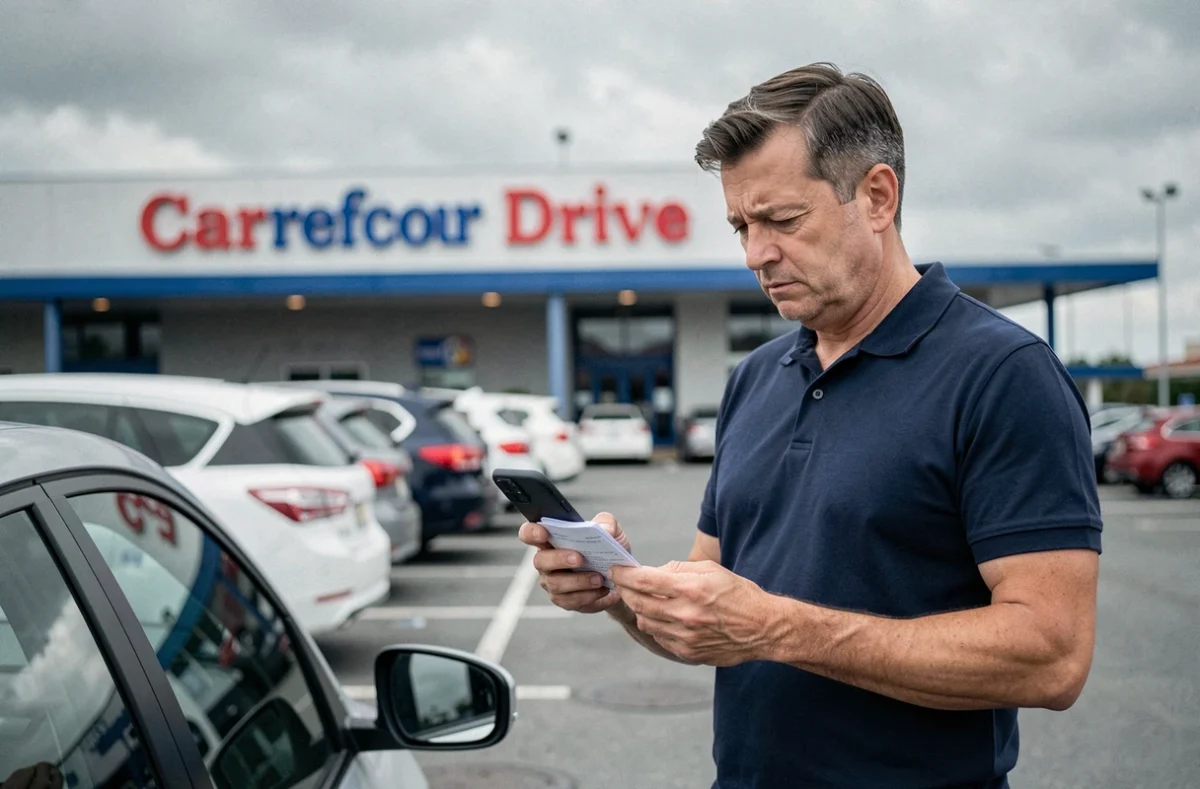Homme au Carrefour Drive consultant son téléphone pour trouver une réduction expirée