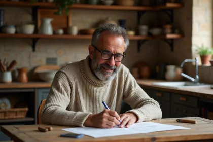 Homme catalan âgé remplissant un arbre généalogique dans une cuisine chaleureuse