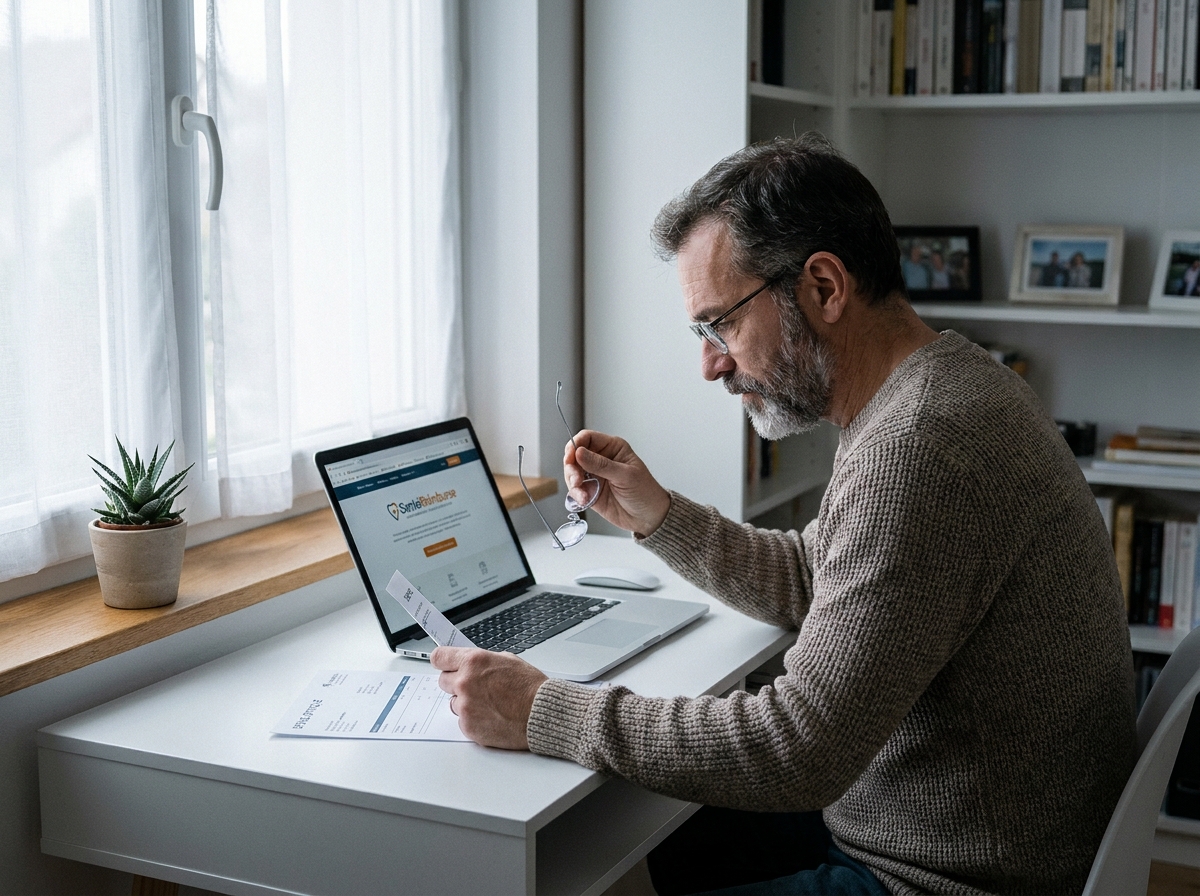 Homme consultant un devis optique à son bureau avec ses lunettes en main, symbolisant les tarifs remboursables 100% Santé en 2027