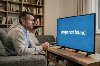 Homme frustré devant un message d'erreur sur sa télévision connectée en cherchant Live TV nouvelle adresse