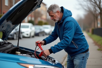 Homme connectant des câbles de démarrage à une voiture hybride