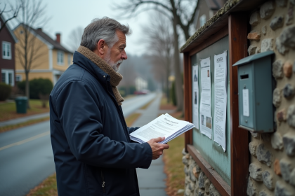 Homme d'âge moyen lisant une affiche sur un panneau d'informations