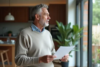Homme d'âge moyen tenant documents fiscaux dans un salon moderne