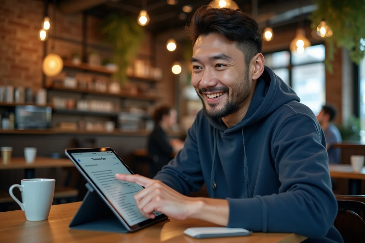 Homme adulte consultant un site de lecture de scans manga sur une tablette dans un café urbain