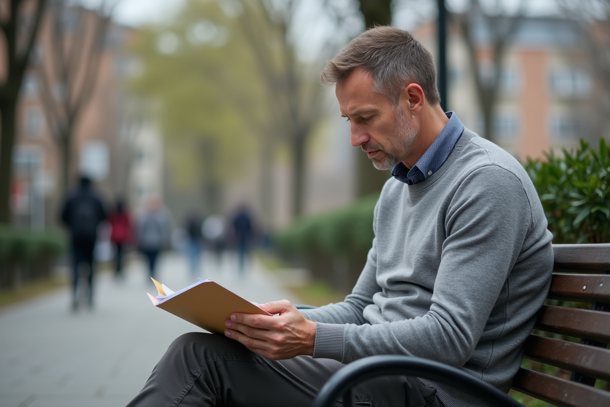Homme lisant une lettre dans un parc en journée