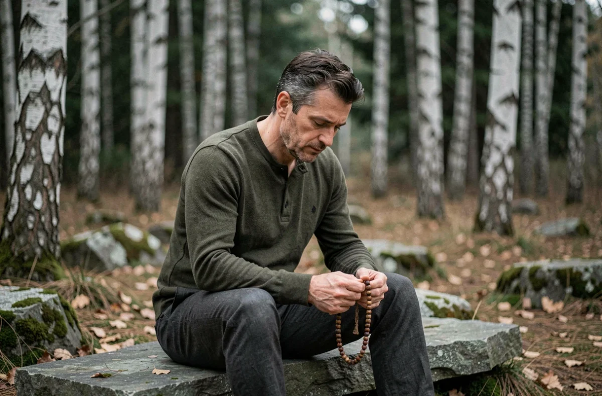 Homme en pleine nature tenant un mala et méditant sur un rocher en forêt pendant une pratique de mantra