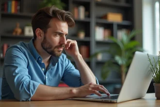 Homme en bleu lisant un site d'avis en intérieur
