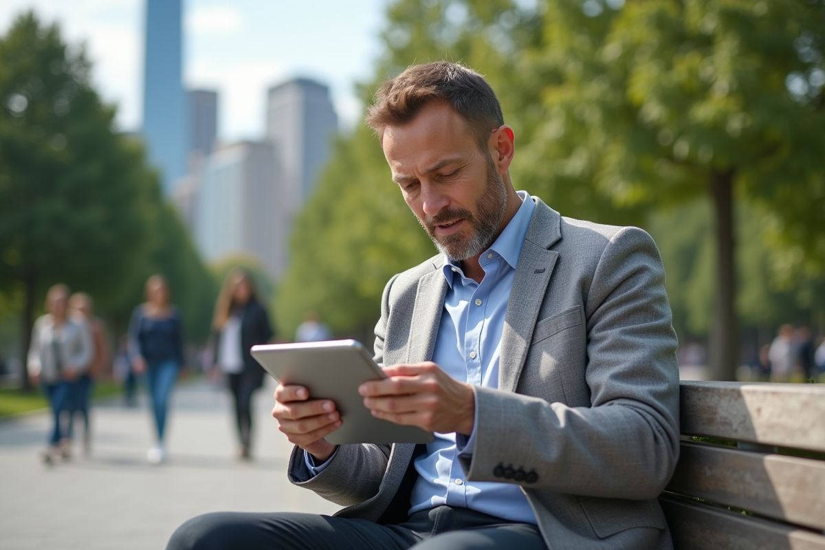 Homme en extérieur participant à un appel vidéo dans un parc urbain