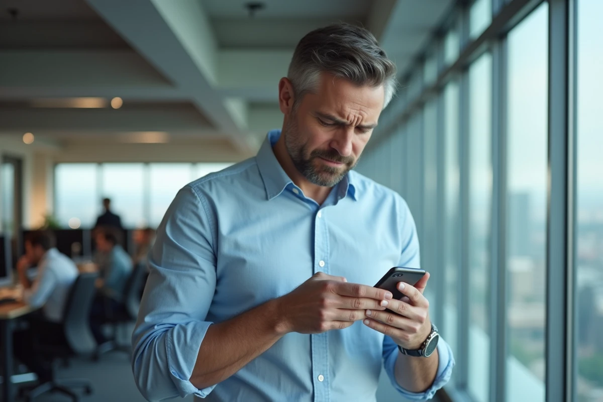 Homme professionnel contrarié par des appels répétés d'un numéro inconnu dans un bureau moderne