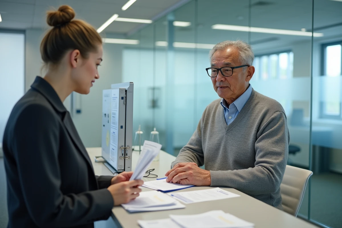 Homme au guichet avec agent administratif dans un bureau moderne