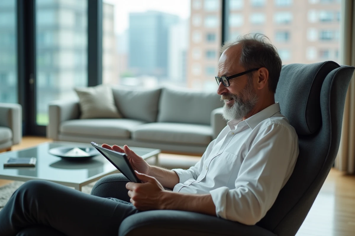 Homme utilisant une tablette pour lire des articles en ligne dans un salon moderne, symbolisant les paramètres de confort de lecture sur une application