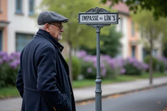 Homme âgé regardant un panneau rue dans un quartier paisible