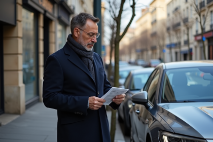 Homme d'affaires lisant une affiche sur le ban diesel à Paris