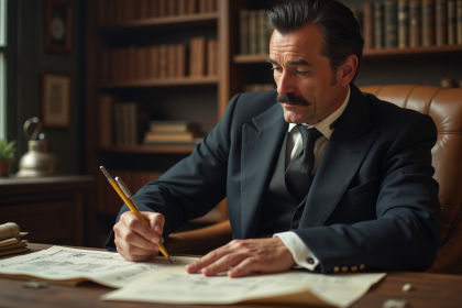 Homme d'époque esquissant des diagrammes de brevet dans un bureau ancien