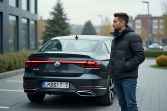 Jeune ingénieur automobile près d'une voiture Euro 7