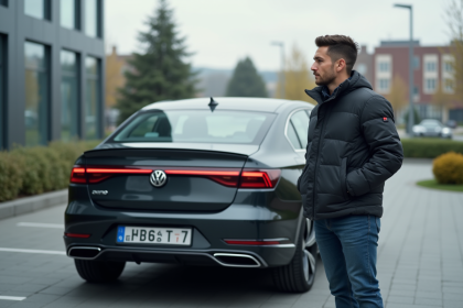 Jeune ingénieur automobile près d'une voiture Euro 7