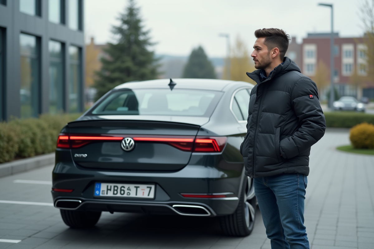 Jeune ingénieur automobile près d'une voiture Euro 7