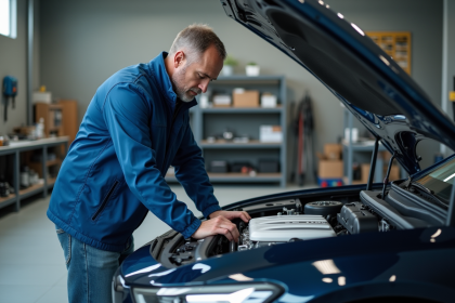 Ingénieur automobile vérifiant une pile à hydrogène dans un garage